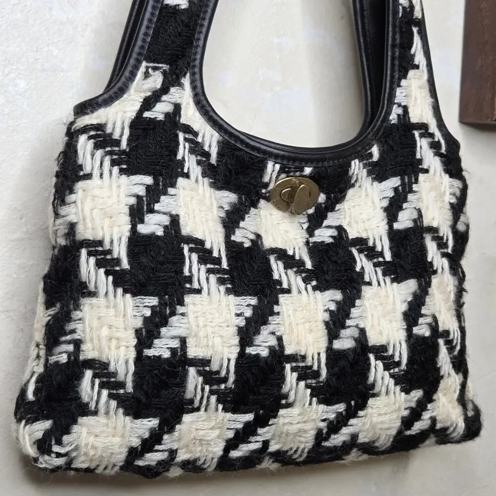 Miu Miu Houndstooth Wool Leather Black White Shoulder Bag Purse Turn Lock✨️Y2K - Picture 6 of 15